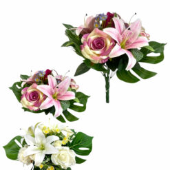 BOUQUET ROND ROSES, BOUTONS, LYS - 39CM