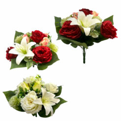 BOUQUET ROND ROSES, LYS, ALLIUM - 38CM