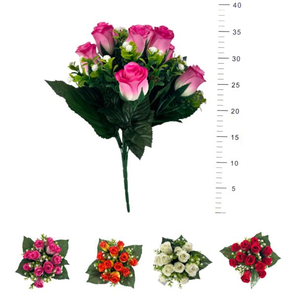 Bouquet x12 boutons de rose, buis 34cm