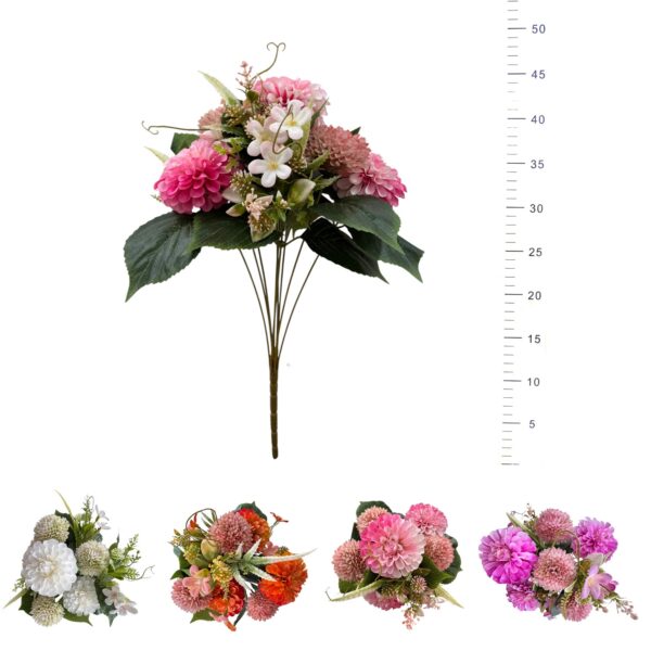 BOUQUET DAHLIAS, ZINNIAS, FEUILLAGE