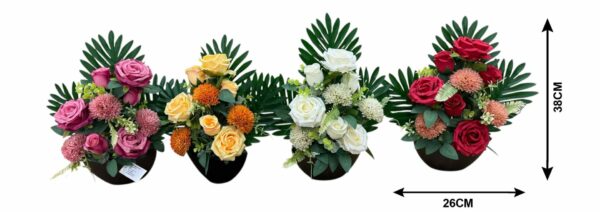 COUPE OVALE ROSES, ZINNIAS ET BOUTONS DE ROSE H38 X L26CM
